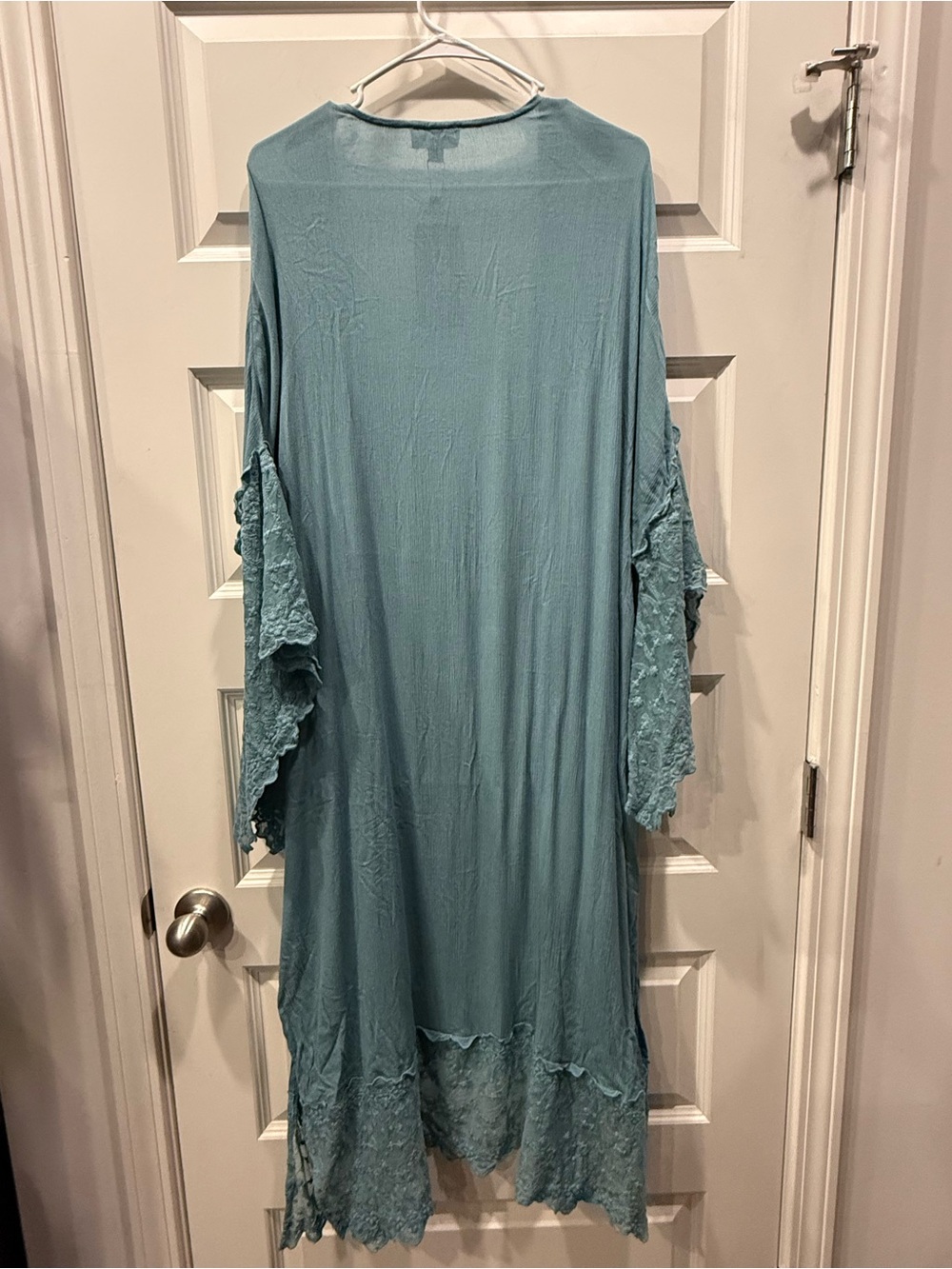 GiGiO Open-Front Lace-Trim Duster Kimono in a dusty teal - Picture 5 of 11